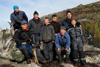 The crew on Flatidrangur, Mykines 4. september 2009. From the upper row on the left: Elith, Esbern, Jákup, Suni, Oskar, Hans Meinhard, Bogi, Eli.