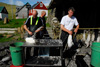 Elith and Suni plucking the young grey gannet chicks